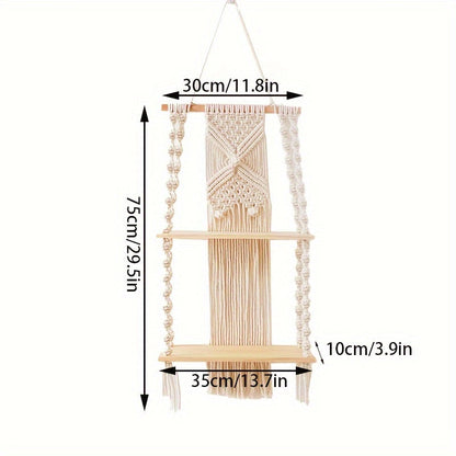 Boho Macrame Wall Shelf | Two Tier Hanging Storage Rack In Natural Timber And Woven Cotton Rope