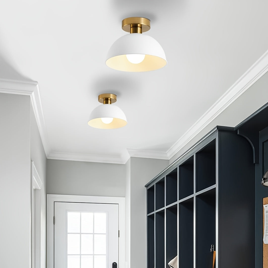 Modern Semi Flush Ceiling Lamp | Matte Iron Dome With A Brass Detail In Black or White Finish