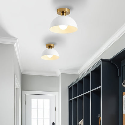 Modern Semi Flush Ceiling Lamp | Matte Iron Dome With A Brass Detail In Black or White Finish