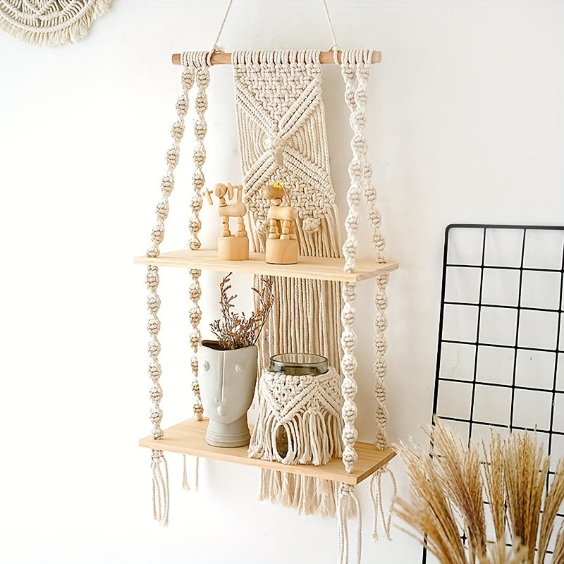 Boho Macrame Wall Shelf | Two Tier Hanging Storage Rack In Natural Timber And Woven Cotton Rope