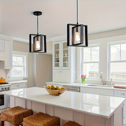 Industrial Pendant Ceiling Light | Modern Minimalist Geometric Open Frame In Metal or Wood