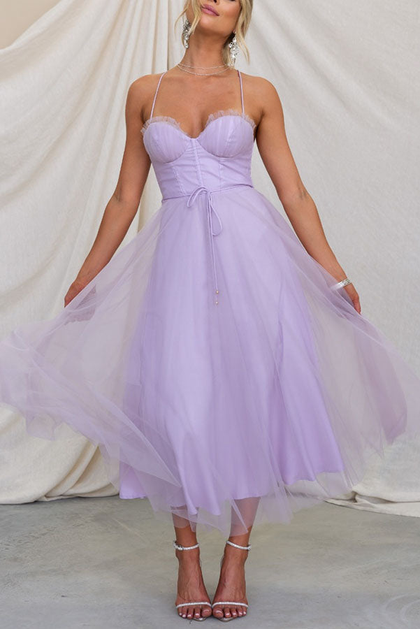 Corset Midi Dress with Tulle Skirt and Spaghetti Straps