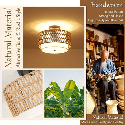 Boho Rattan Ceiling Light | Semi Flush Mount With A Woven Outer Shade and Linen Inner Diffuser