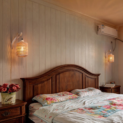 Boho Wood And Rattan Wall Lamp | Hand Woven Plug In Sconce For Bedsides and Reading Corners