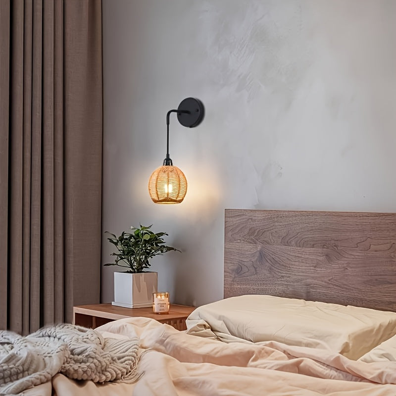 Boho Rattan Wall Lamp | Handwoven Shade Bedside and Living Room Sconce In Black Polished Metal