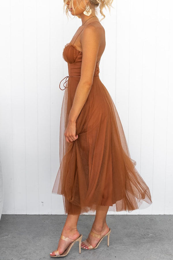 Corset Midi Dress with Tulle Skirt and Spaghetti Straps
