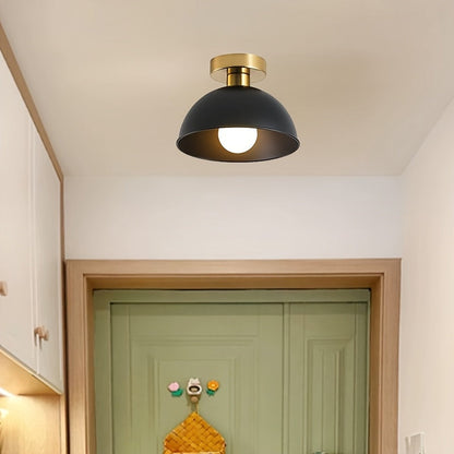 Modern Semi Flush Ceiling Lamp | Matte Iron Dome With A Brass Detail In Black or White Finish
