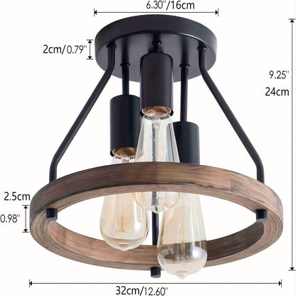 Industrial Wood Ring Ceiling Light | Three Light Semi Flush Mount In Black Metal and Timber