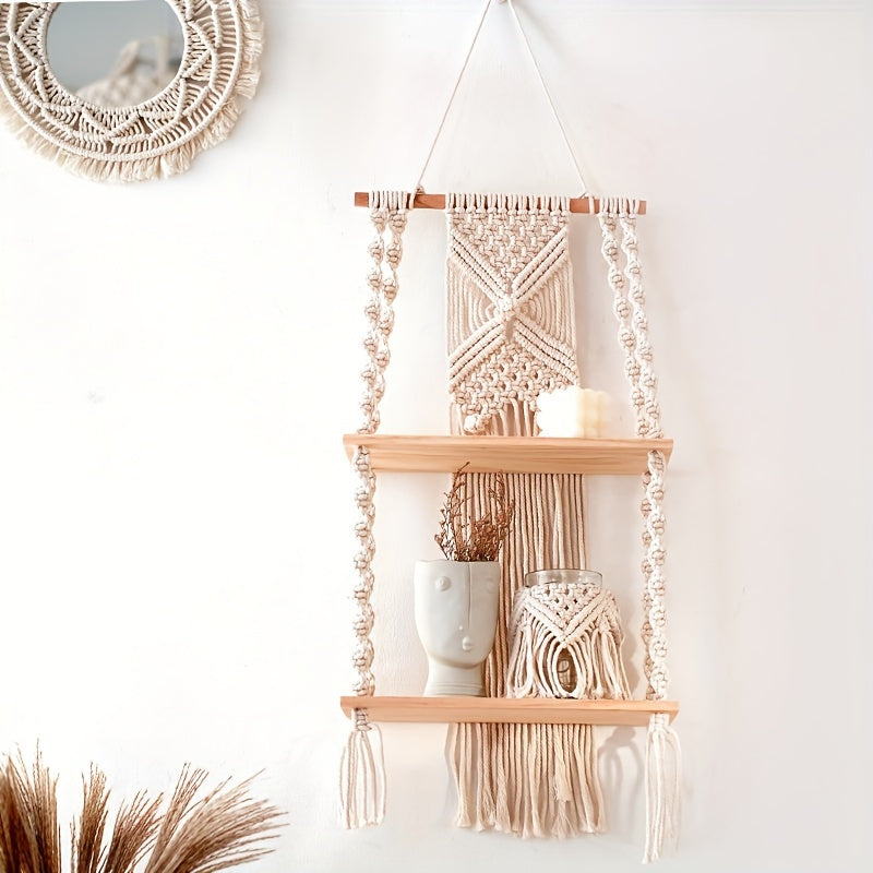 Boho Macrame Wall Shelf | Two Tier Hanging Storage Rack In Natural Timber And Woven Cotton Rope