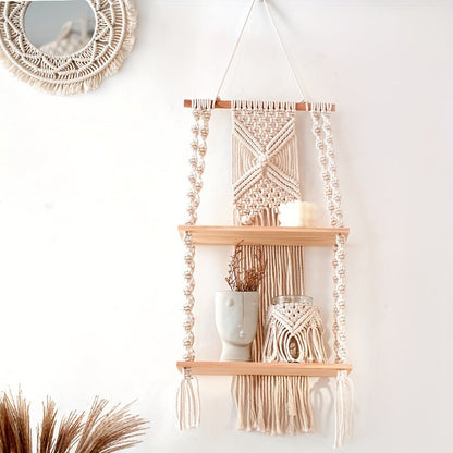 Boho Macrame Wall Shelf | Two Tier Hanging Storage Rack In Natural Timber And Woven Cotton Rope