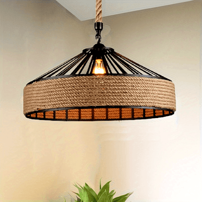 Rustic Hemp Rope Pendant Light | Vintage Farmhouse Woven Metal Ceiling Lamp, 30 cm Diameter