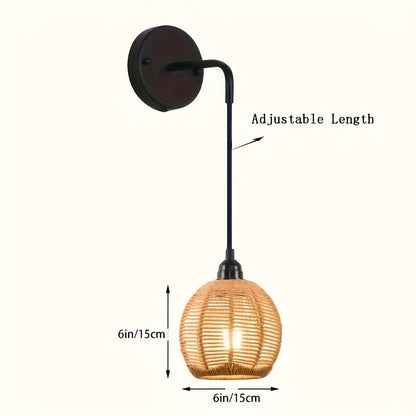Boho Rattan Wall Lamp | Handwoven Shade Bedside and Living Room Sconce In Black Polished Metal