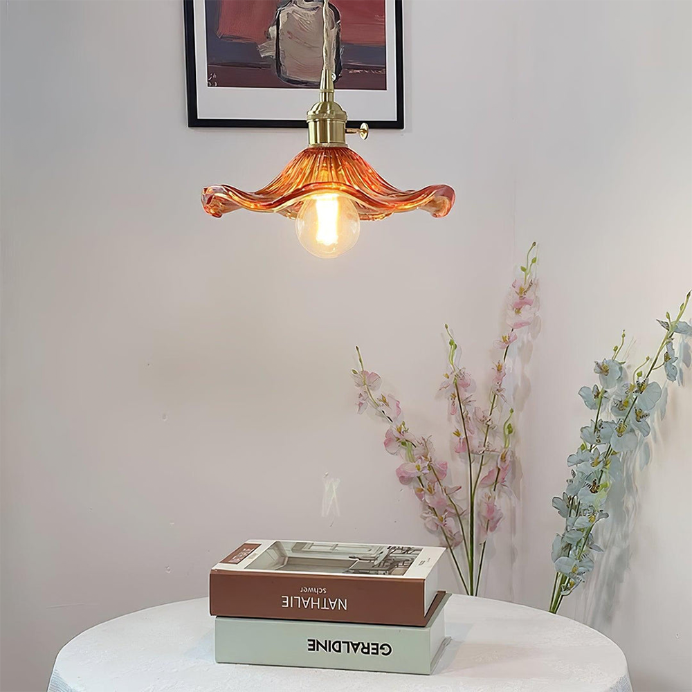 Flower Glass LED Pendant Light | Pressed Glass Flower Shade In Clear, Amber or Olive Green