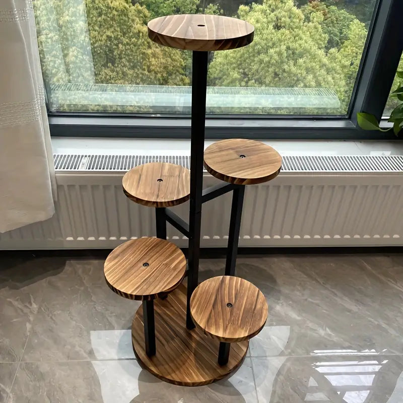 Leafspire 6 Tier Round Plant Stand | Wooden Corner Display Shelf For Indoor Plant Collections
