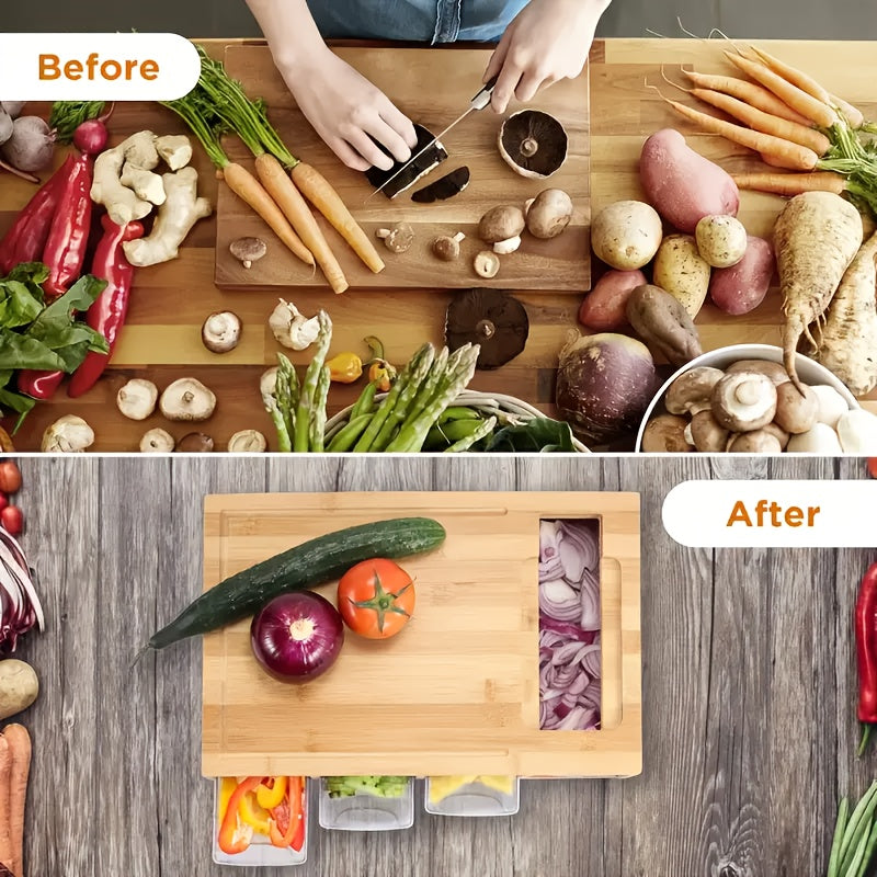 Bamboo Cutting Board With Storage Trays and Graters | Multifunctional Kitchen Prep Station Set