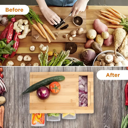 Bamboo Cutting Board With Storage Trays and Graters | Multifunctional Kitchen Prep Station Set