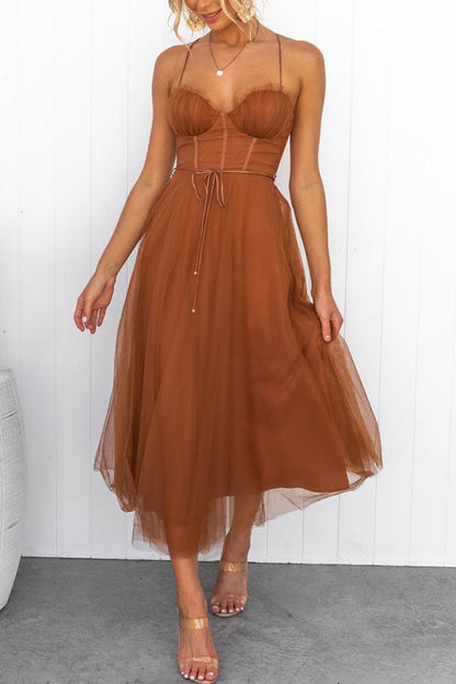 Corset Midi Dress with Tulle Skirt and Spaghetti Straps