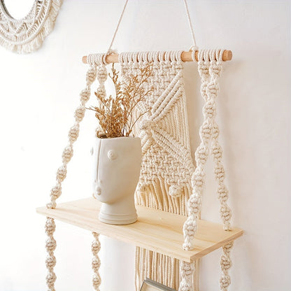 Boho Macrame Wall Shelf | Two Tier Hanging Storage Rack In Natural Timber And Woven Cotton Rope