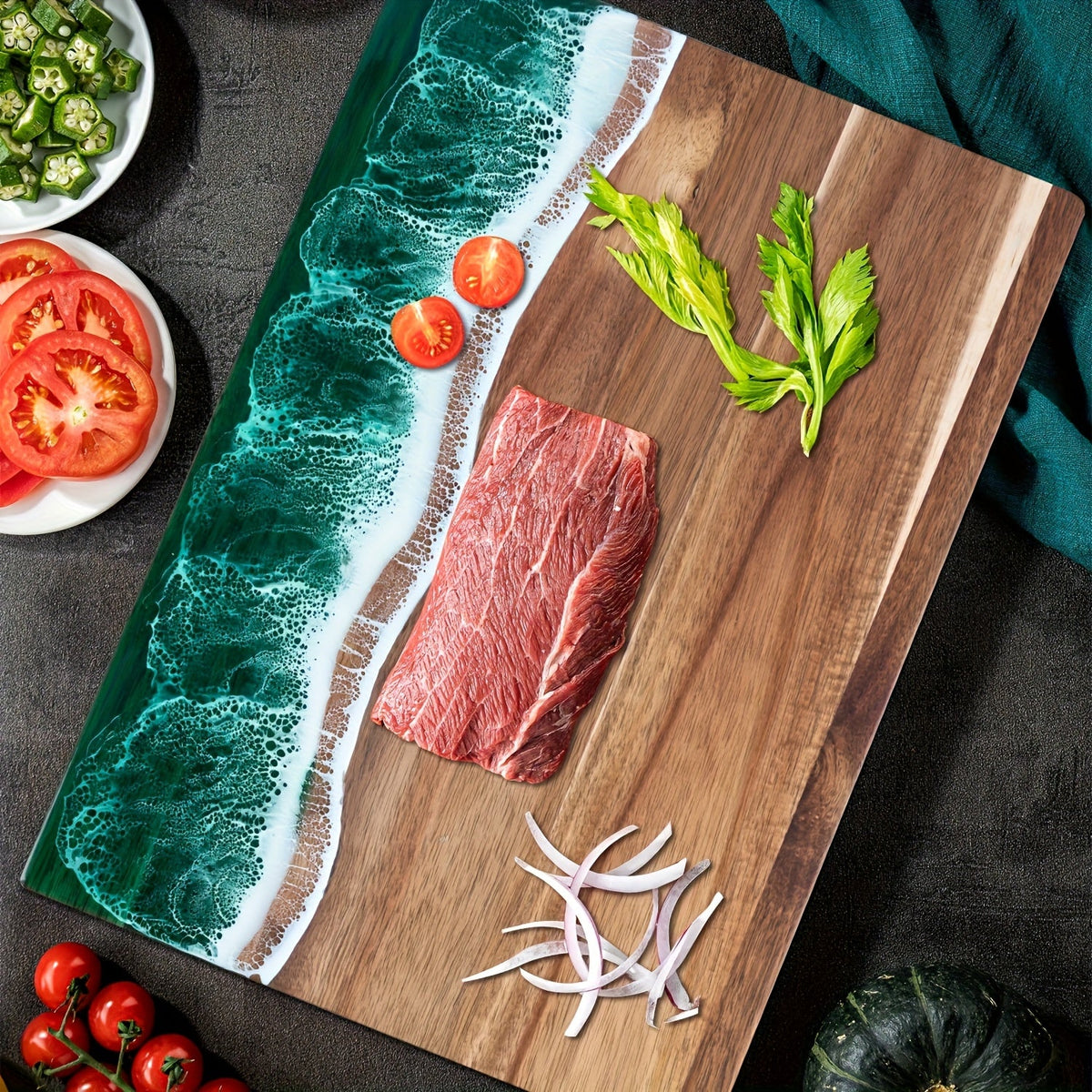 Wave Resin Cutting Board | Ocean Inspired Acacia Wood Cheese and Charcuterie Serving Board