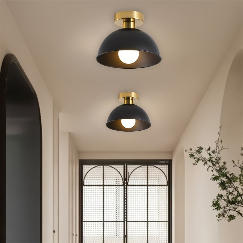 Modern Semi Flush Ceiling Lamp | Matte Iron Dome With A Brass Detail In Black or White Finish