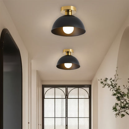 Modern Semi Flush Ceiling Lamp | Matte Iron Dome With A Brass Detail In Black or White Finish