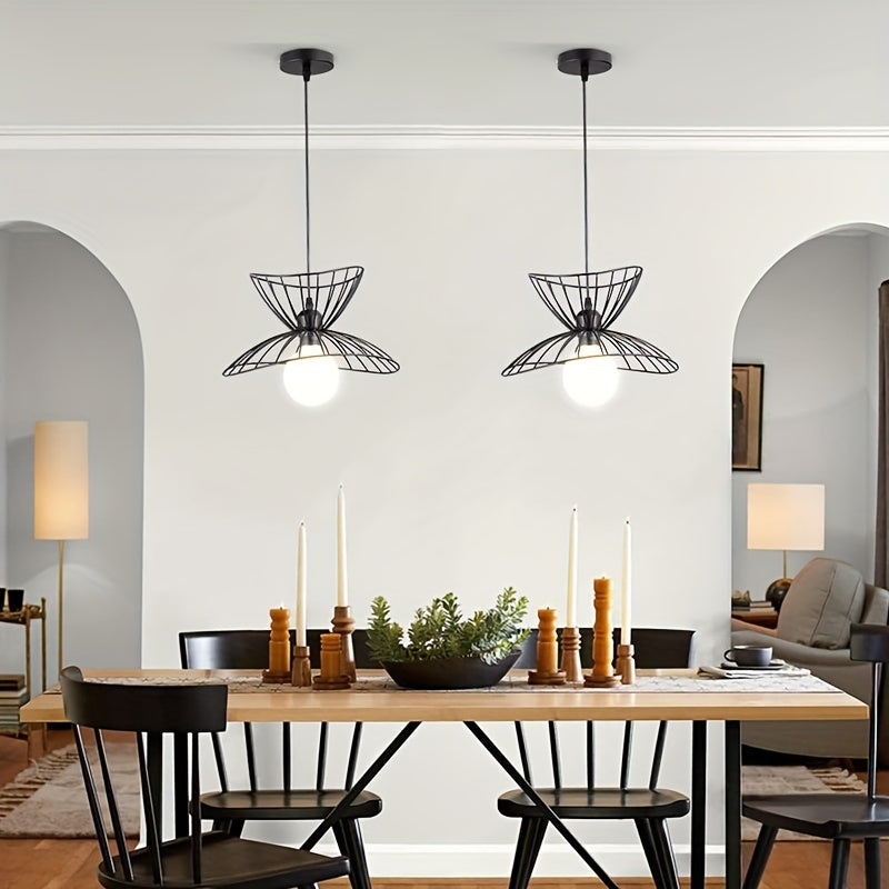 Retro Black Pendant Light | Adjustable Industrial Open Wire Petal Cage Shade In Matte Black