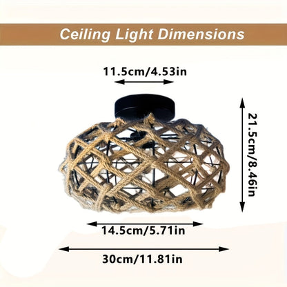 Bohemian Hemp Rope Ceiling Light | Handwoven Rustic Flush Mount In Iron and Natural Hemp Rope