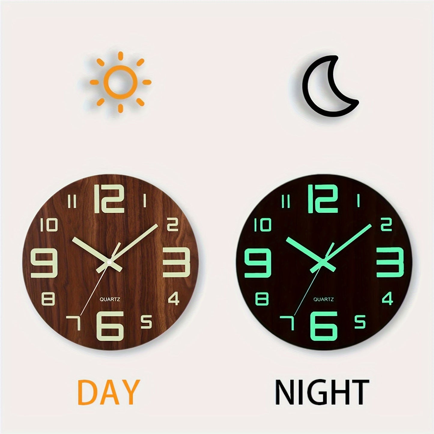 Walnut Luminous Wall Clock | Silent Glow In The Dark Wooden Clock For Bedrooms and Hallways