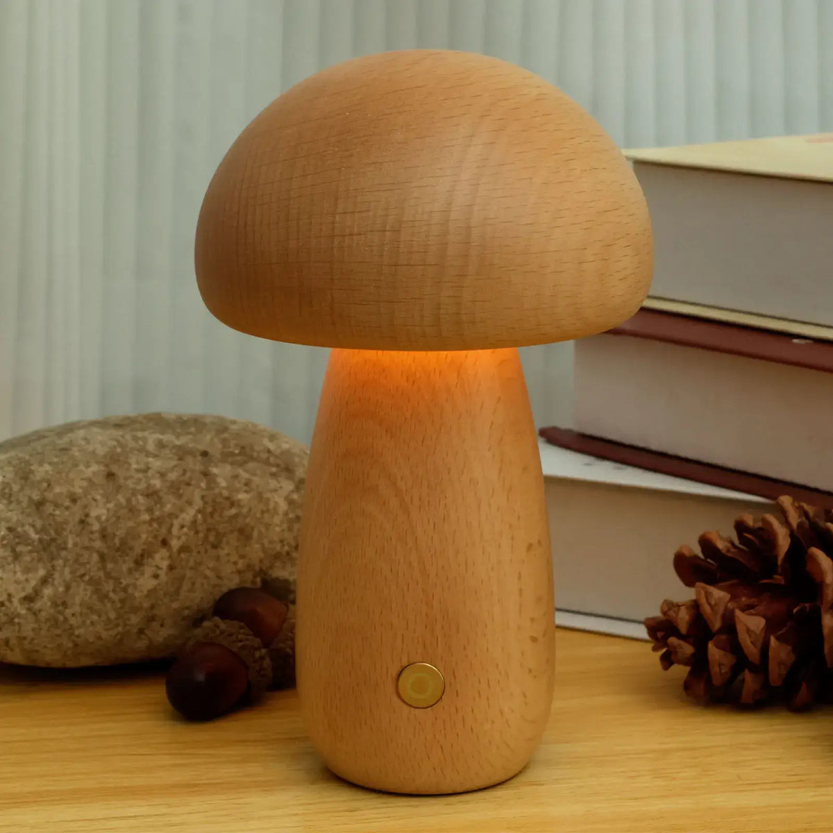 Bolette Mushroom Lamp | Natural Wood Rechargeable Night Light In Two Sizes and Two Timbers