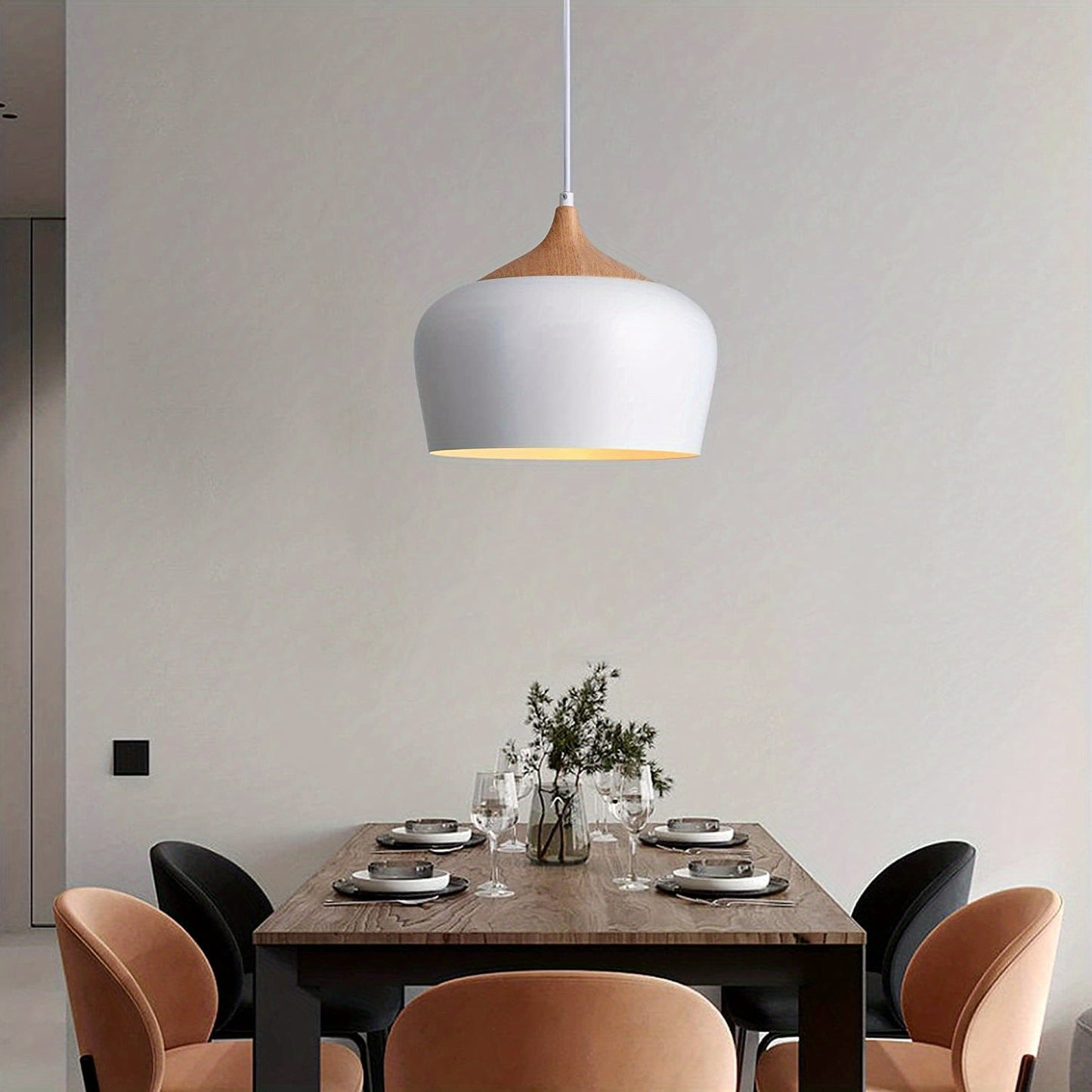 Modern Scandinavian Pendant Light | Iron And Wood Grain Ceiling Lamp In White or Black Finish