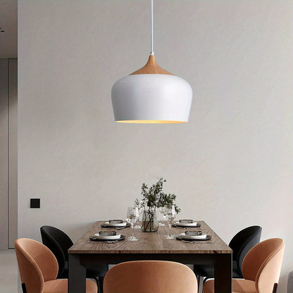 Modern Scandinavian Pendant Light | Iron And Wood Grain Ceiling Lamp In White or Black Finish