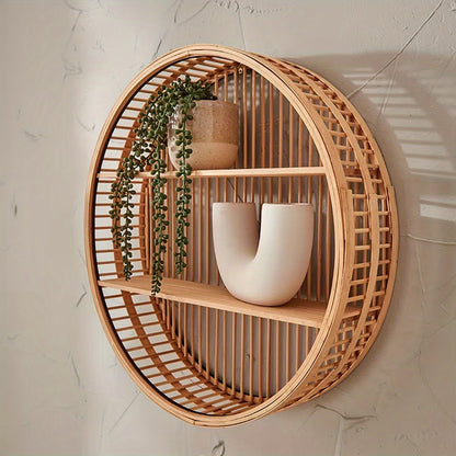 Round Bamboo Wall Shelf | Handmade Boho Floating Organiser For Plants, Books and Ornaments