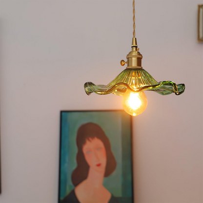 Flower Glass LED Pendant Light | Pressed Glass Flower Shade In Clear, Amber or Olive Green