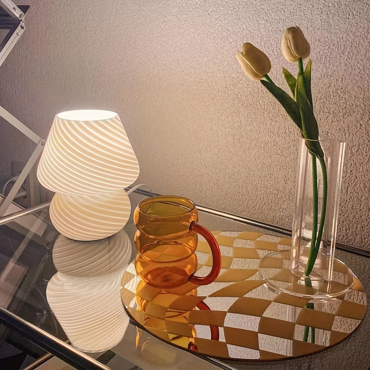 Murano Style Glass Mushroom Lamp | USB Dimmable Table Light In White, Pink and Beige Glass