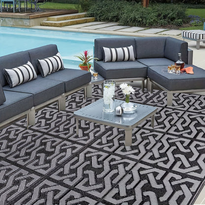 Reversible Outdoor Patio Rug | Black and Grey Weatherproof Mat For Decks, Balconies and Patios