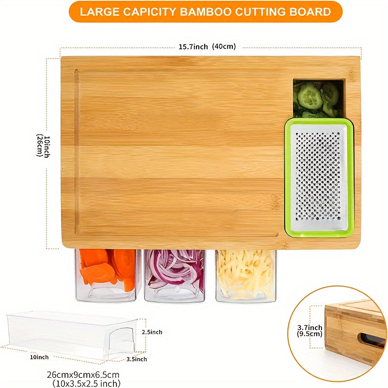 Bamboo Cutting Board With Storage Trays and Graters | Multifunctional Kitchen Prep Station Set
