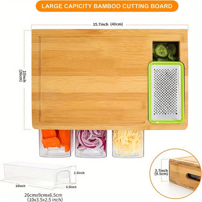 Bamboo Cutting Board With Storage Trays and Graters | Multifunctional Kitchen Prep Station Set