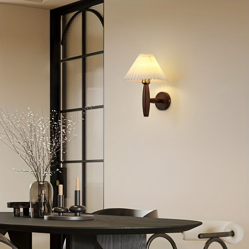 Nordic Wooden Wall Sconce | Retro Bedside Wall Lamp With Pleated Fabric Shade For Bedrooms
