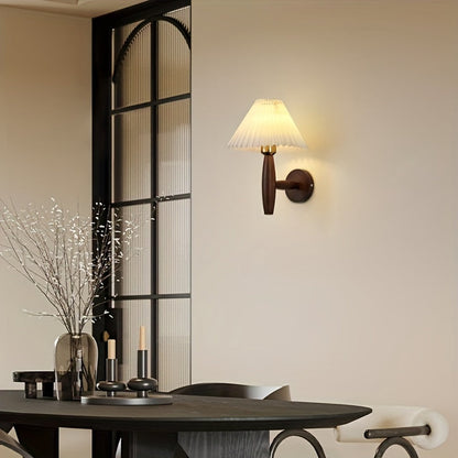 Nordic Wooden Wall Sconce | Retro Bedside Wall Lamp With Pleated Fabric Shade For Bedrooms