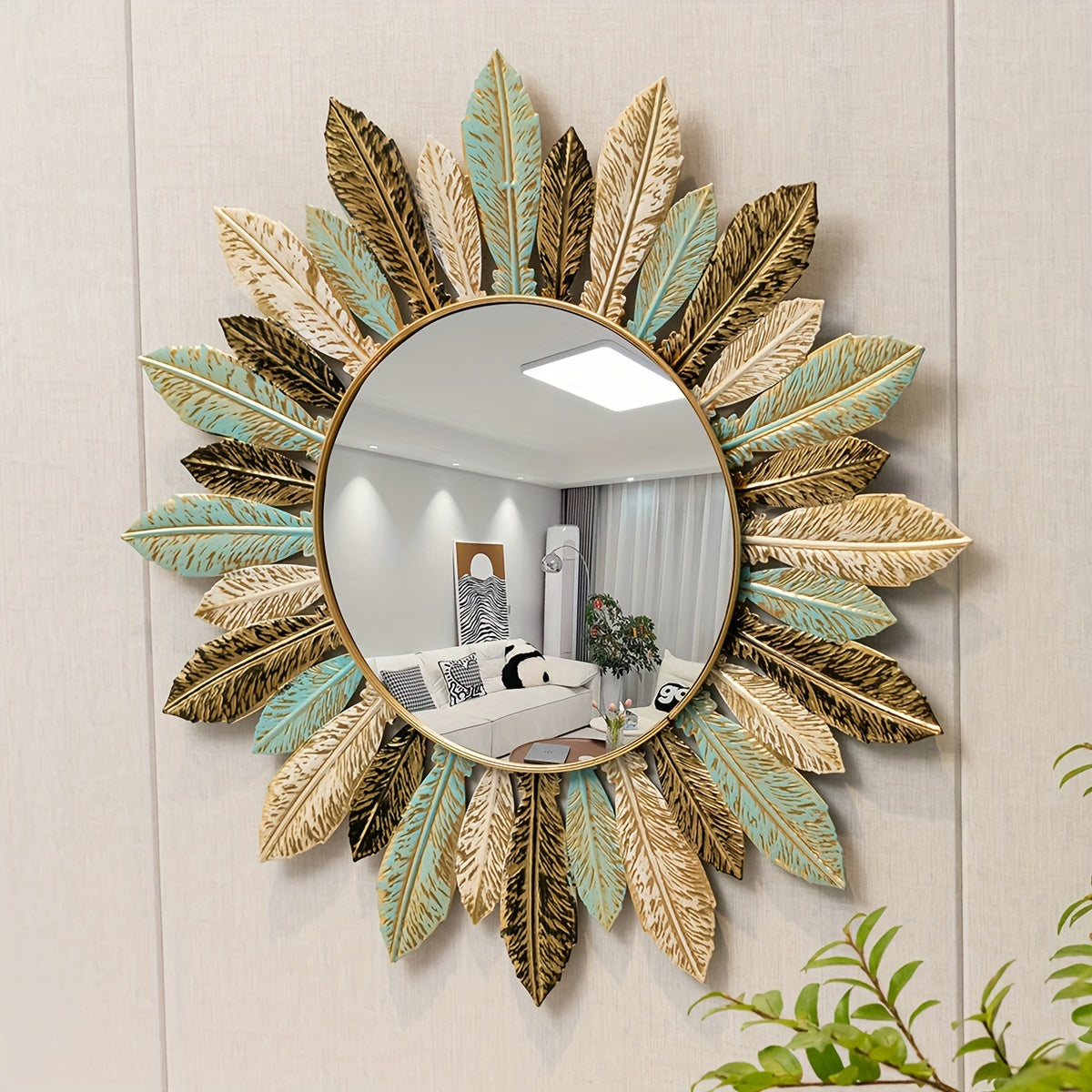 Bohemian Sunburst Metal Wall Mirror | Teal and Gold Leaf Design Decorative Round Wall Mirror