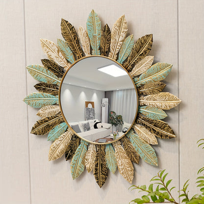 Bohemian Sunburst Metal Wall Mirror | Teal and Gold Leaf Design Decorative Round Wall Mirror