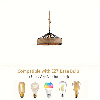 Rustic Hemp Rope Pendant Light | Vintage Farmhouse Woven Metal Ceiling Lamp, 30 cm Diameter