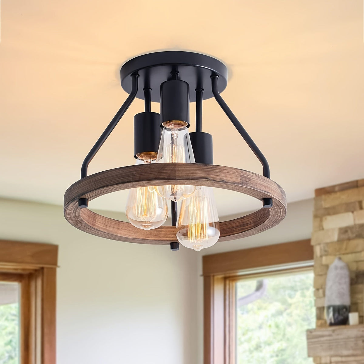 Industrial Wood Ring Ceiling Light | Three Light Semi Flush Mount In Black Metal and Timber