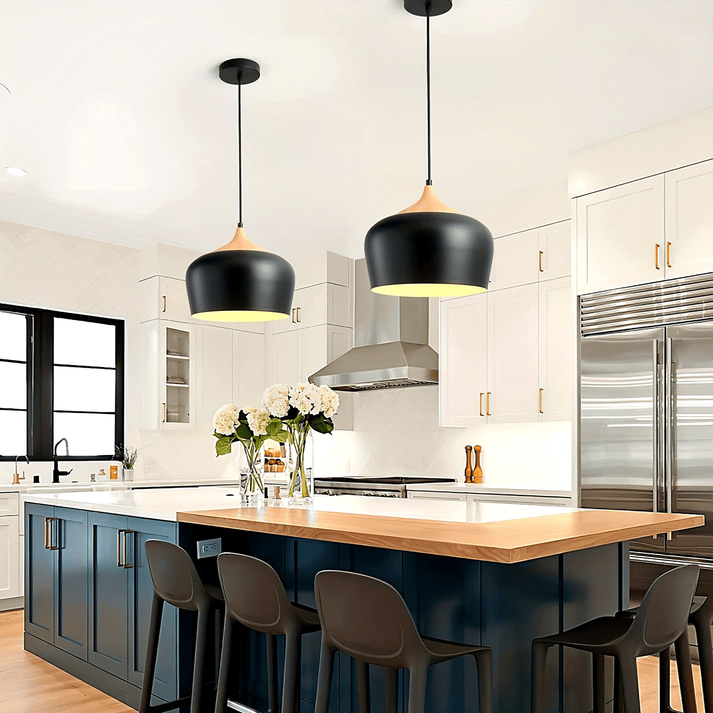 Modern Scandinavian Pendant Light | Iron And Wood Grain Ceiling Lamp In White or Black Finish