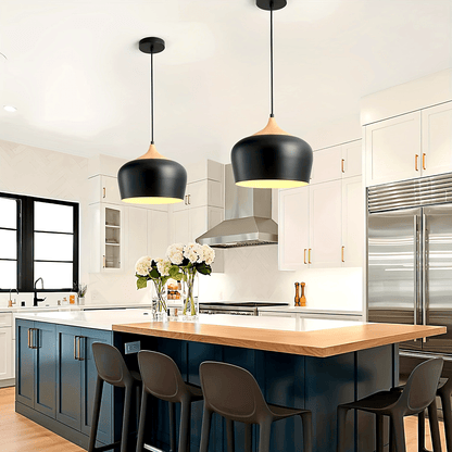 Modern Scandinavian Pendant Light | Iron And Wood Grain Ceiling Lamp In White or Black Finish