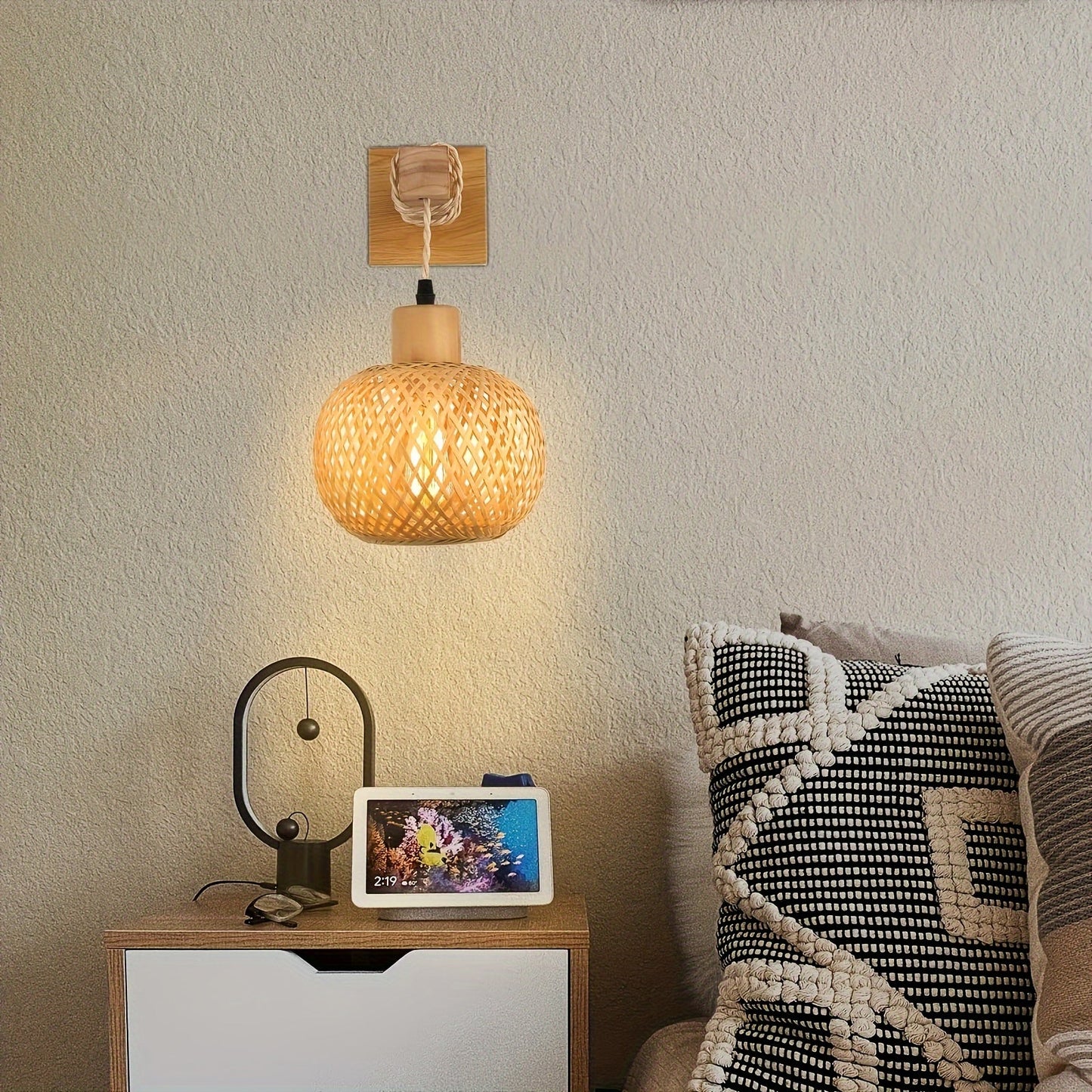 Rustic Wooden Wall Sconce | Handwoven Rattan And Wood Light Fixture For Hallways and Bedrooms