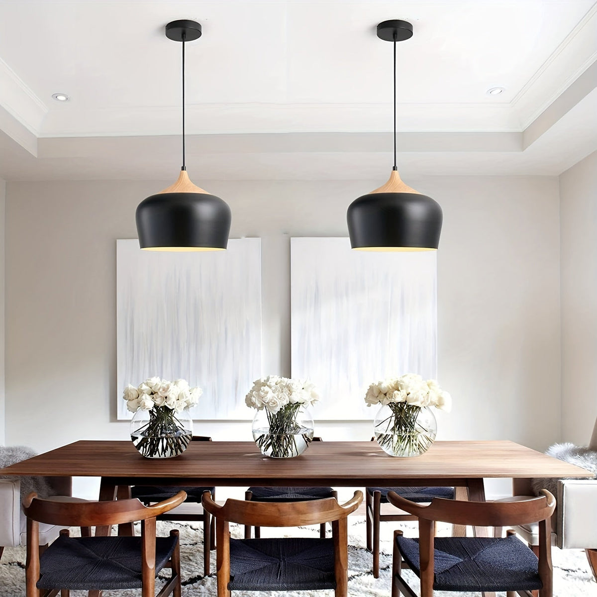 Modern Scandinavian Pendant Light | Iron And Wood Grain Ceiling Lamp In White or Black Finish