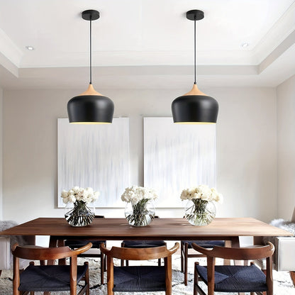 Modern Scandinavian Pendant Light | Iron And Wood Grain Ceiling Lamp In White or Black Finish