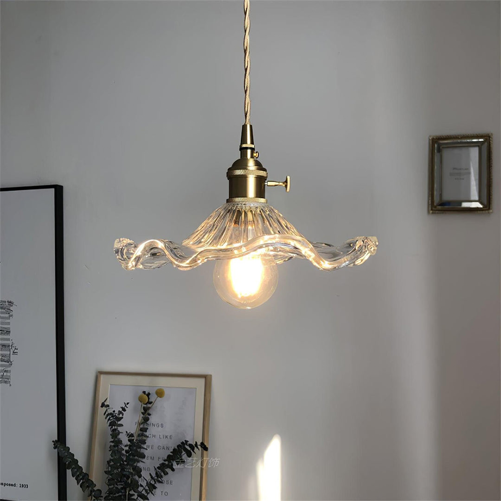 Flower Glass LED Pendant Light | Pressed Glass Flower Shade In Clear, Amber or Olive Green