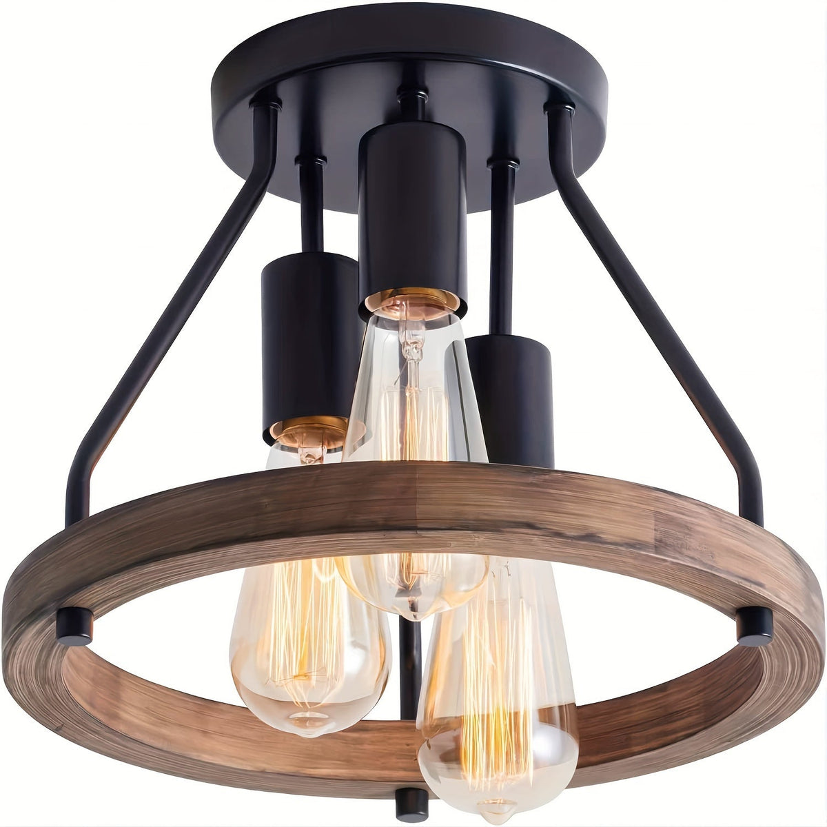 Industrial Wood Ring Ceiling Light | Three Light Semi Flush Mount In Black Metal and Timber